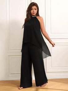 Femmeverse Conjunto de 2 piezas de mujer talla grande con top halter de cuello plisado y parches de lentejuelas, pantalones anchos de cintura alta y pierna ancha - Negro - Ver 8