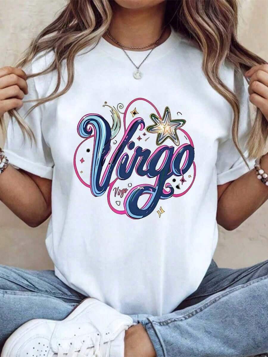 Soft, Breathable, And Lightweight For All-Day Comfort. Women's Short-Sleeve T-Shirt With A Virgo Zodiac Sign Print, Casual And Style, Ideal For Everyday Wear Or Parties. Comfortable Fabric, Perfect As A Gift. 220g. Classic Crew Neck With A Relaxed Fit That Flatters All Body Types And Is Easy To Pair With Jeans, Shorts, And Leggings. - 白色 - 查看 1