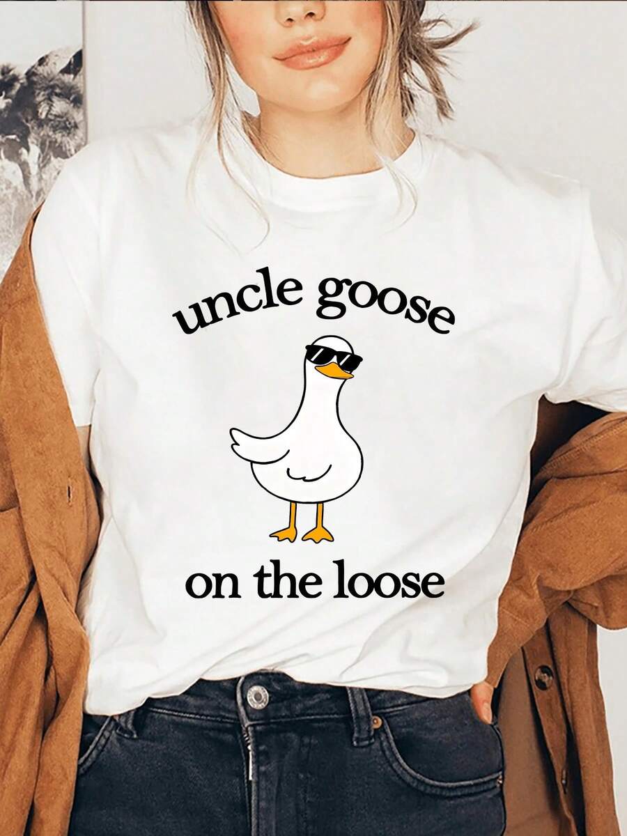 Camiseta Casual de Manga Corta con Cuello Redondo para Mujer, Estampado Cool Uncle Club, Perfecta para Primavera y Verano, Adecuada para primavera, verano y otoño. - Blanco - Ver 1