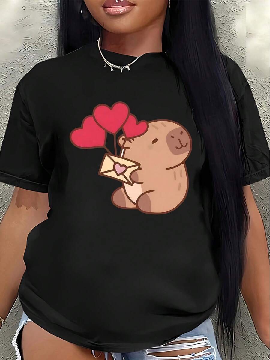 Polyester Short-Sleeved T-Shirt, Printed With A Cute Piglet Holding A Heart And Letter Patterns, Lightweight And Durable, Suitable For Casual Wear At Home Or In A Cafe, Offering Both Everyday Comfort And Style. - Black - View 1
