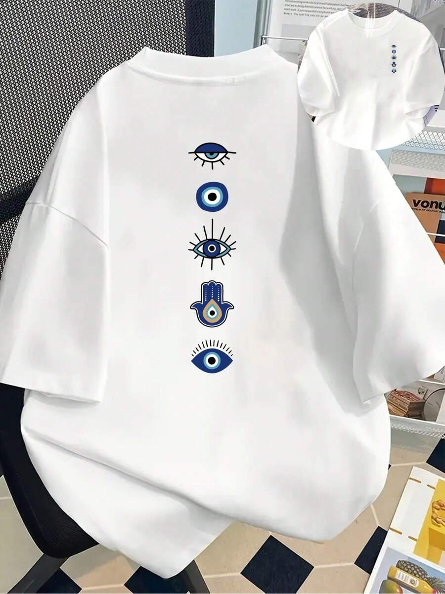 Camiseta estampada de manga corta con diseños en la parte delantera y trasera - Ojo del Diablo, Amuleto - Camiseta estampada de moda para mujer, primavera/verano, ¡tu mejor elección!100% Algodón - Blanco - Ver 1