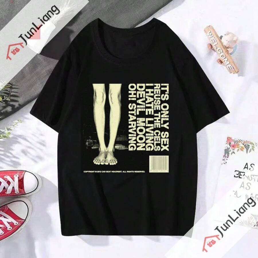 Camiseta Clásica Unisex con Estampado de Banda Musical y Asiento de Coche, Cuello Redondo, Estilo Hip Hop Streetwear Harajuku, DMN, Verano - Negro - Ver 1