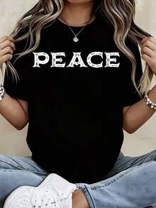 Camiseta con Estampado de Paz, Estilo Casual Deportivo para Uso Diario - Estilo Urbano Vintage, Unisex, de Algodón, Manga Corta, Cuello Redondo, 100% Algodón - Negro - Ver 3