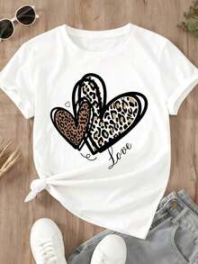 Casual Loose Fit T-Shirt With Leopard Heart Print And Love Text For Everyday Wear And Sports Activities - Unisex Vintage Urban Style, Short Sleeve Cotton Crew Neck T-Shirt, 100% Cotton - 白色 - 查看 3