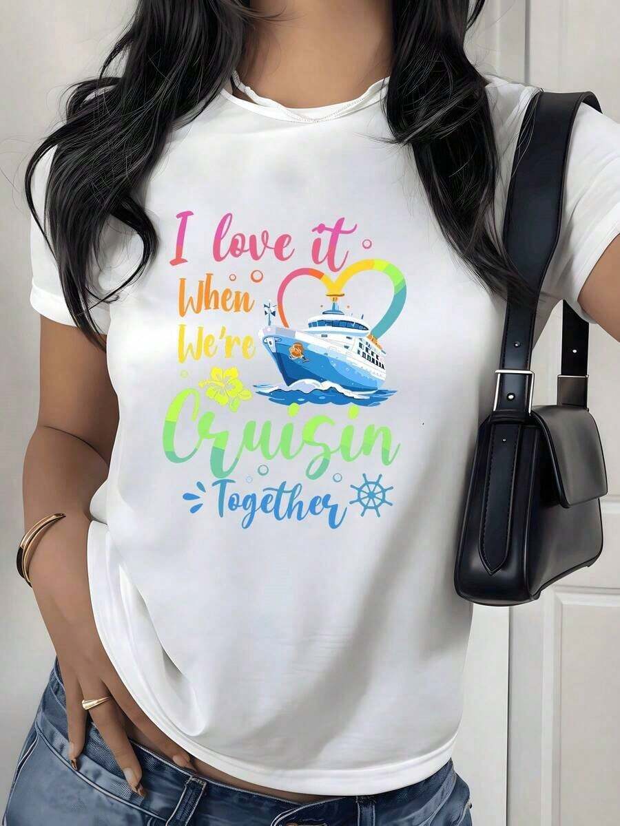 Cruise Ship Graphic Print T-Shirt, 180g, 1 Piece, Women's Summer Casual Style, 100% Cotton, For Vacation And Sailing - 白色 - 查看 1