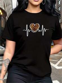Camiseta única con diseño de corazón de leopardo y pulsómetro estilo y2k para los amantes de la moda juvenil en México, ideal para destacar tu personalidad y estilo original, perfecta para cualquier ocasión. - Negro - Ver 12