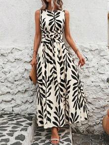 Vestido de verano sin mangas con cuello redondo, cintura ajustada y estampado todo sobre todo, para uso casual y vacaciones - Negro - Ver 7