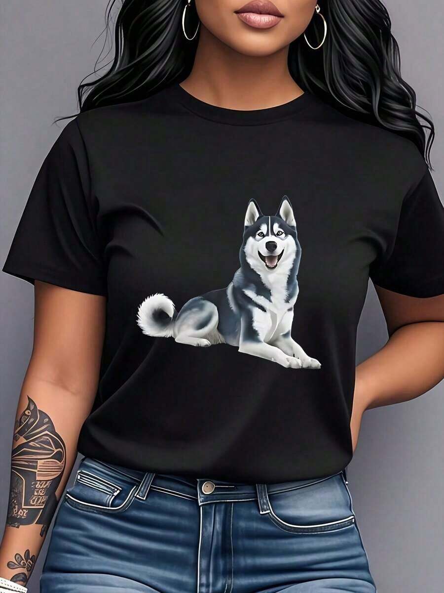Camiseta de algodón puro para mujer, camiseta de algodón puro para mujer, camiseta con estampado de perro husky feliz, ropa de mujer de manga corta y cuello redondo, moderna, a la moda, versátil, casual y cómoda, adecuada para el uso diario en casa, salidas, viajes y vacaciones. |   Diseño exquisito |   Suelto y cómodo |   Fácil de combinar | - Negro - Ver 1