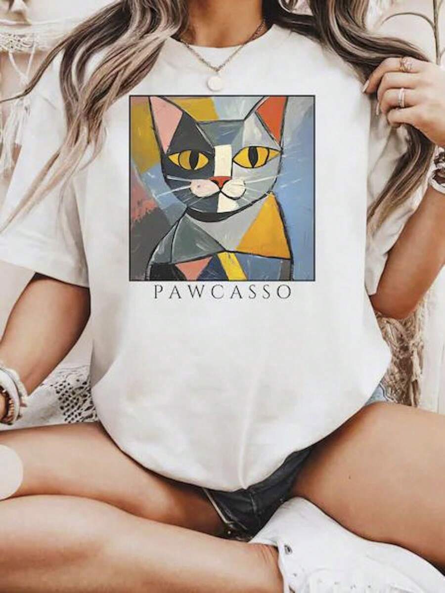 Camiseta con estampado de gato Picasso, de cuello redondo y manga corta para mujer, primavera/verano, transpirable, casual, deportiva, regalo para vacaciones. | Diseño exquisito |   Suelto y cómodo |   Fácil de combinar | - Blanco - Ver 1