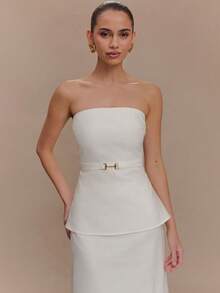 Conjunto de dos piezas elegante, top sin mangas unicolor con espalda descubierta y falda larga, estilo casual fiesta moda femenina euroamericana - Blanco - Ver 2