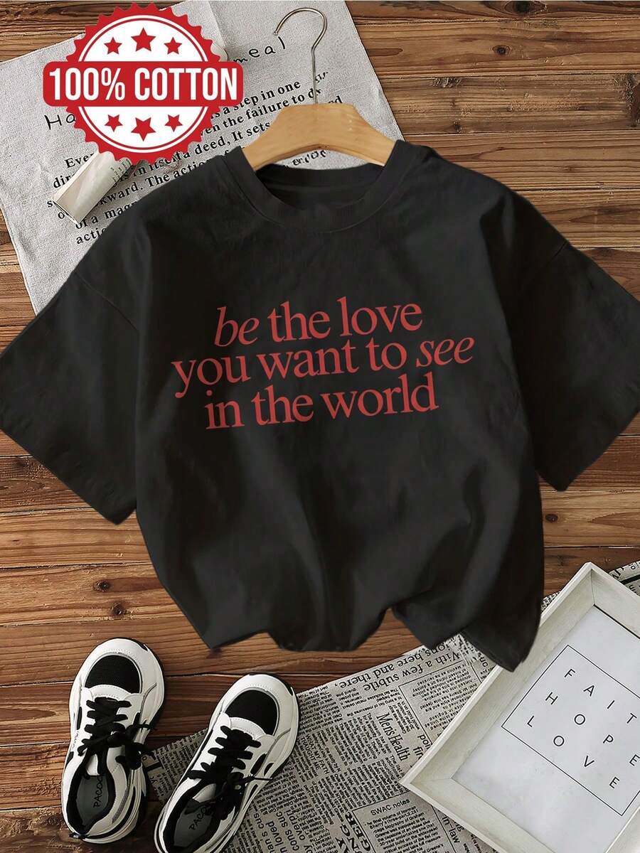 Women's Casual Spring/Summer Top, Handwritten Style, With Heart Print And "Be The Love" Text, Sheer Short-Sleeved Crew Neck T-Shirt, Chu K - 黑色 - 查看 1