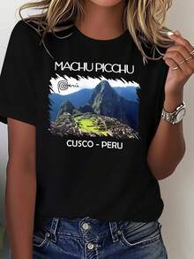 Camiseta estampada de algodón puro para mujer, de Machu Picchu, Perú, blusa casual de manga corta, cómoda y versátil para mujer. - Negro - Ver 7