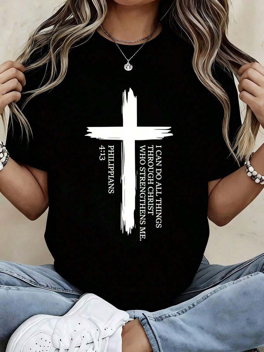 Camiseta con Estampado de Cruz y Frase Inspiradora para Atuendos Casuales y Deportivos - Estilo Urbano Vintage Unisex, Camiseta de Manga Corta de Algodón 100% con Cuello Redondo - Negro - Ver 1