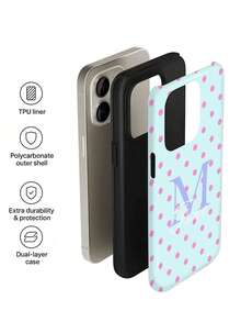 1pc Refreshing Sweet Girl Style Light Blue & Pink Polka Dot Minimalist Text Graphic Glossy 2-In-1 Filmic Hard Phone Case Suitable For Samsung/ 11/12/13/14/15/16/17 Pro Max - Multicolor - View 5