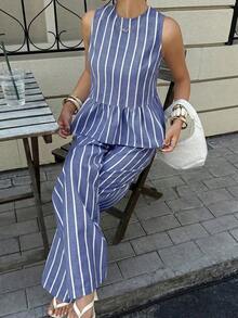 Conjunto de 2 piezas de top sin mangas con volantes en el bajo y pantalones, estilo casual de verano con rayas para mujer - Azul - Ver 5