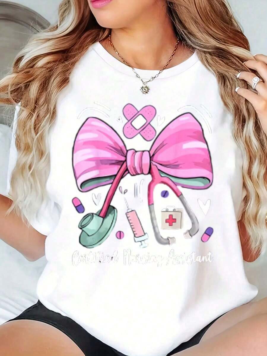 Camiseta de Mujer con Estampado Médico de Estetoscopio y Lazo Rosa, Camiseta Gráfica para Asistentes de Enfermería Certificadas y Trabajadores de la Salud, 220g Adecuado como regalo. playera de mujer. blusas>elegantes. boho chic,Top de mujer suave, transpirable y cómodo, ideal para primavera, verano y otoño, perfecto para vacaciones, viajes y uso diario. - Blanco - Ver 1