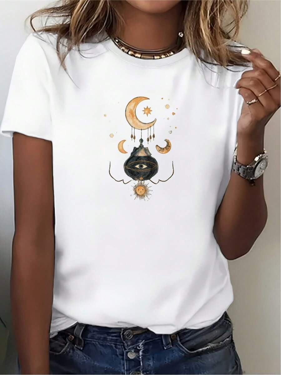 Camiseta festiva de tacto suave con estampado, adecuada para regalos familiares y corporativos, con un estilo de moda único de sol y luna, ropa casual para primavera y verano, una opción creativa para el Día de San Valentín, el Día de la Madre y el Día del Padre. - Blanco - Ver 1