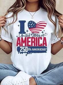 1 Piece Patriotic T-Shirt "I Love United States Of America" For The 250th Anniversary, Heart Design With American Flag, For Independence Day Celebration, Casual Wear For Men And Women, Outfit For 4th Of July Party, 220g/180g 100% Cotton. - 白色 - 查看 1
