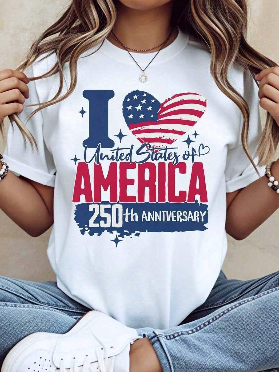 1 Piece Patriotic T-Shirt "I Love United States Of America" For The 250th Anniversary, Heart Design With American Flag, For Independence Day Celebration, Casual Wear For Men And Women, Outfit For 4th Of July Party, 220g/180g 100% Cotton. - 白色 - 查看 1