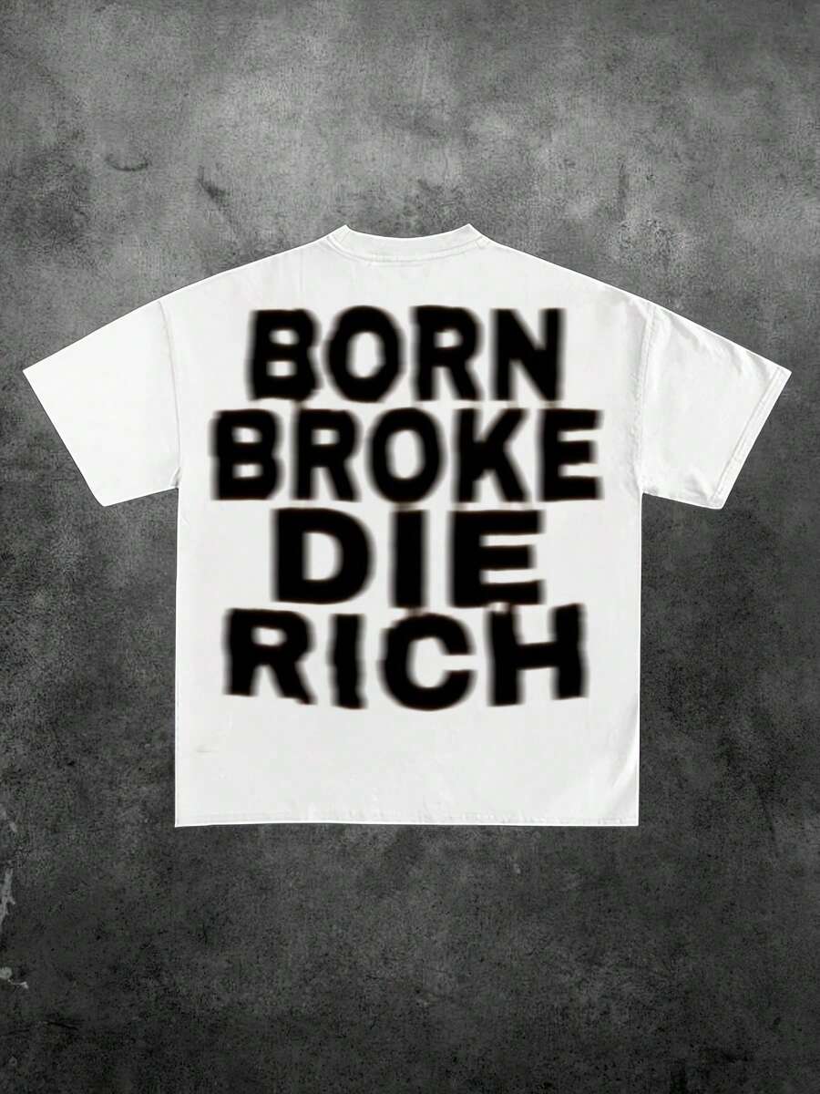 Camiseta de manga corta estilo urbano europeo y americano para adultos con estampado inglés desgastado "BORN BROKE DIE RICH", camiseta de verano sencilla, de corte holgado para un look casual y relajado, esencial para salidas diarias, deportes y uso casual, una camiseta de manga corta imprescindible para el verano, camisetas para mujer, blusas elegantes para dama. - Blanco - Ver 1