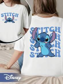 DISNEY Lilo & Stitch T-Shirt - Stitch & Stitch Character Print Loose-Fit Round Neck Short Sleeve Tee, Cute Casual Casual Attire Suitable For Seasons, Machine Washable Apparel For, Playdates, Themed Parties - trắng - Xem 1