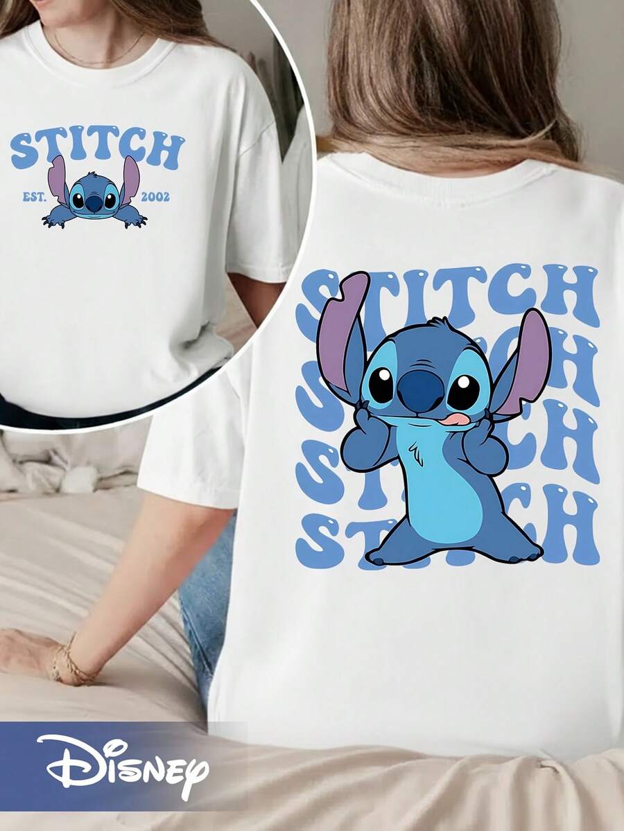 DISNEY Lilo & Stitch T-Shirt - Stitch & Stitch Character Print Loose-Fit Round Neck Short Sleeve Tee, Cute Casual Casual Attire Suitable For Seasons, Machine Washable Apparel For, Playdates, Themed Parties - trắng - Xem 1