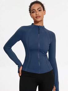 2026 VUTRU Women's Slim Fit Sports Jacket With Thumbholes And High Collar, Spring - 海軍藍 - 查看 5