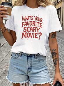 1 pieza para mujer: "¿Cuál es tu película de terror favorita?" Estampado de letras en inglés, estilo urbano a la moda, patrón de impresión 2D, camiseta de manga corta con cuello redondo, adecuada para todas las estaciones. - Blanco - Ver 1