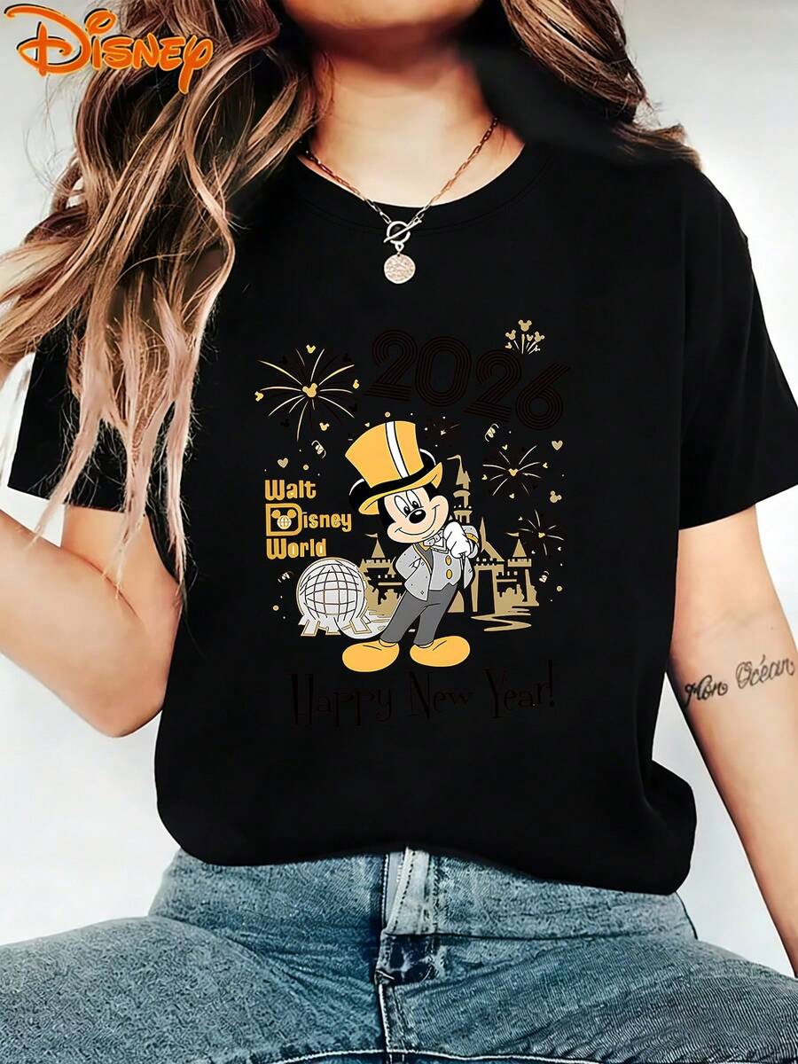 Disney Genuine Women'S Summer Clothing Mickey Mouse Castle Fireworks And 2026 Happy New Year Letter Pattern Women'S T-Shirt Top Summer New Short Sleeve T-Shirt Women'S Casual Fashion Printed T-Shirt Women'S Elegant Women'S Clothing T-Shirt Women - Black - View 1