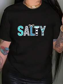 Camiseta de Mujer con Estampado de Sabor Salado, Manga Corta, Cuello Redondo, Top Casual, Ropa de Primavera/Verano para Mujer - Negro - Ver 1