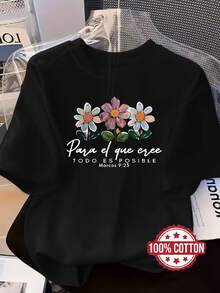 TH299 Camiseta de Moda Floral para Mujer, 100% Cuello Redondo Manga Corta, Corte Holgado con Hombros Caídos, Absorbente de Sudor y Transpirable, Ropa Casual Cómoda para el Hogar, Adecuada como Capa Base para Otoño/Invierno o Ropa Exterior para Primavera/Verano - Negro - Ver 2