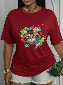 Suave, transpirable y ligera para comodidad durante todo el día. Camiseta de manga corta con cuello redondo y estampado de un lindo diseño de gato.Este elegante y versátil top es adecuado para todas las estaciones; presenta un diseño casual de cuello redondo y está hecho de un tejido suave y elástico.Cuello redondo clásico con un corte relajado que favorece todas las formas del cuerpo y es fácil de combinar con jeans, pantalones cortos y leggings. - Blanco - Ver 10