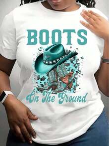 Playera Casual Corte Holgado con Estampado de Botas y Sombrero de Vaquero del Oeste para Mujer - Camiseta de Estilo Country con Diseño de Vaquera en Turquesa, Perfecta para Rodeo, Vida en la Granja o Festivales. - Blanco - Ver 6
