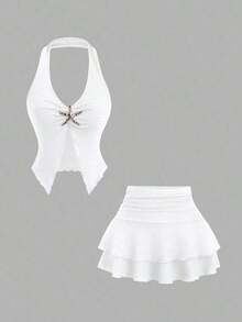Conjunto de 2 piezas de top corto con escote profundo en V y espalda descubierta, emparejado con falda casual de diseño retro con hebilla de metal para mujeres, para vacaciones y citas, primavera/verano - Blanco - Ver 6