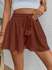 Shorts de pierna ancha con cintura ajustable para el verano - Marrón - Ver 3
