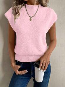 Chaleco de lana sin mangas de estilo elegante francés color albaricoque con cuello alto, corte asimétrico, adecuado para salir y asistir a fiestas, otoño/invierno - Rosa - Ver 5