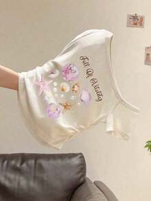 Camiseta de mujer de manga corta con estampado de conchas marinas para el verano, top ajustado con pliegues laterales y hombros descubiertos - Blanco - Ver 4