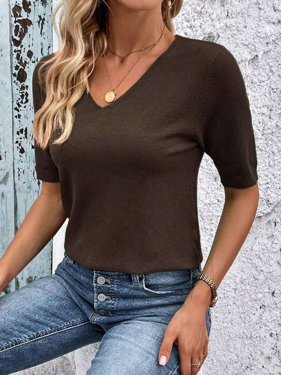 Blusa de punto de manga corta regular con cuello en V casual y versátil - Café integral - Ver 1