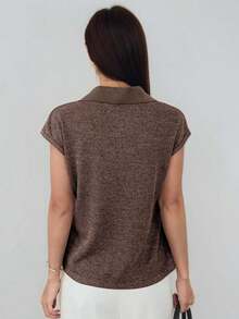 -Less Camiseta informal de manga corta con parches de unicolor para mujeres, estilo casual de negocios de verano - Marrón Chocolate - Ver 4