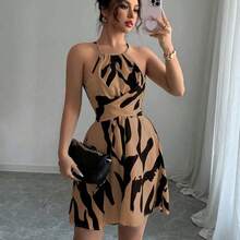 guangzhougaolangshangmao  Vestido corto con diseño elegante de flecha azul marino, con cuello halter y cintura anudada, estilo grácil y de alta calidad, adecuado para el Día de San Valentín, Pascua, Día del Trabajo, cumpleaños, citas, fiestas, ocasiones formales, primavera/verano - Azul marino - Ver 2