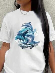 This Lightweight And Durable Short-Sleeved T-Shirt, Featuring A Wave And Dolphin Design, Is Perfect For Lounging At Home Or Enjoying Outdoor Activities, Offering A Comfortable Everyday Wearing Experience. - 白色 - 查看 1