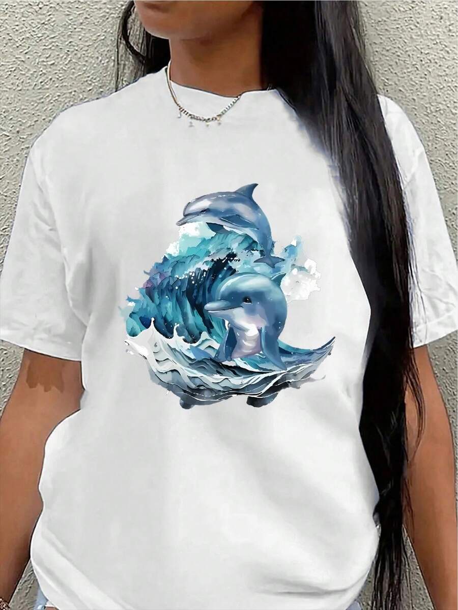 This Lightweight And Durable Short-Sleeved T-Shirt, Featuring A Wave And Dolphin Design, Is Perfect For Lounging At Home Or Enjoying Outdoor Activities, Offering A Comfortable Everyday Wearing Experience. - 白色 - 查看 1