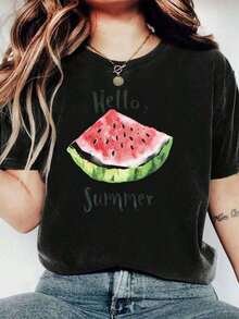 Camiseta personalizada de manga corta y cuello redondo para mujer, con la impresión "Sandía y Hola Verano", estilo casual, adecuada para el trabajo diario y uso familiar. Esencial. -Camiseta unisex de algodón holgada de manga corta y cuello redondo estilo vintage urbano - Negro - Ver 6
