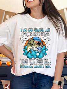 100% algodón, Camiseta de mujer "Soy tan bueno pescando que los peces cuentan historias sobre mí", Camiseta de pesca para mujeres y hombres, Camiseta gráfica con humor, Regalo para pescadores y pescadores deportivos, Ropa casual de verano. - Blanco - Ver 1
