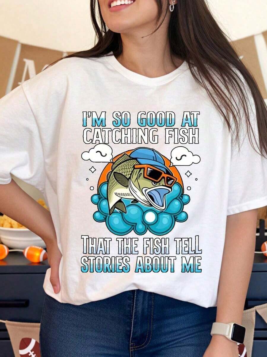 100% algodón, Camiseta de mujer "Soy tan bueno pescando que los peces cuentan historias sobre mí", Camiseta de pesca para mujeres y hombres, Camiseta gráfica con humor, Regalo para pescadores y pescadores deportivos, Ropa casual de verano. - Blanco - Ver 1