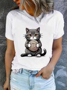 Camiseta de manga corta con cuello redondo para mujer, estampada, moderna y casual, lavable a máquina, ajuste cómodo, estampado plano 2D Blusas Para Mujer Casual. - Blanco_03 - Ver 7