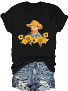 Camiseta de mujer con estampado de girasoles, cuello redondo ajustado, top de manga corta a la moda para mujer. - Negro - Ver 7