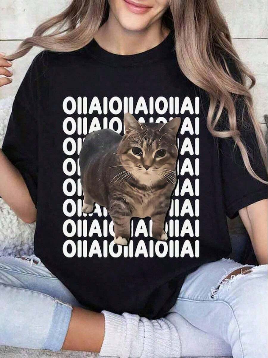 Camiseta Divertida con Diseño Giratorio - Diseño Oiiaa Brainrot - Estilo Urbano Vintage Unisex, Camiseta de Manga Corta de Algodón Holgada con Cuello Redondo, blusas para mujer. blusas.blusas casuales para dama. - Negro - Ver 1