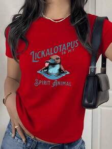 Camiseta con Estampado Gráfico Divertido de Orquidóptero, 180g, 1 Pieza, Frase de Humor, Camiseta Casual de Mujer 100% Algodón, Ropa Urbana de Verano - Rojo - Ver 9