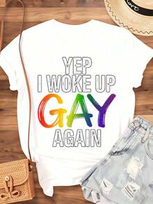 Sí, me volví a despertar gay, camiseta arcoíris del Orgullo para el Festival del Orgullo LGBTQ+ y uso diario, top casual unisex con diseño de texto gay colorido, 220g - Camiseta unisex de manga corta, cuello redondo, de algodón suelto, estilo vintage urbano, 100% algodón. - Blanco - Ver 4